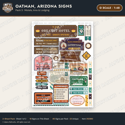 Alpine Railworks 31238O O Scale Oatman AZ Signs - Motels & Inns