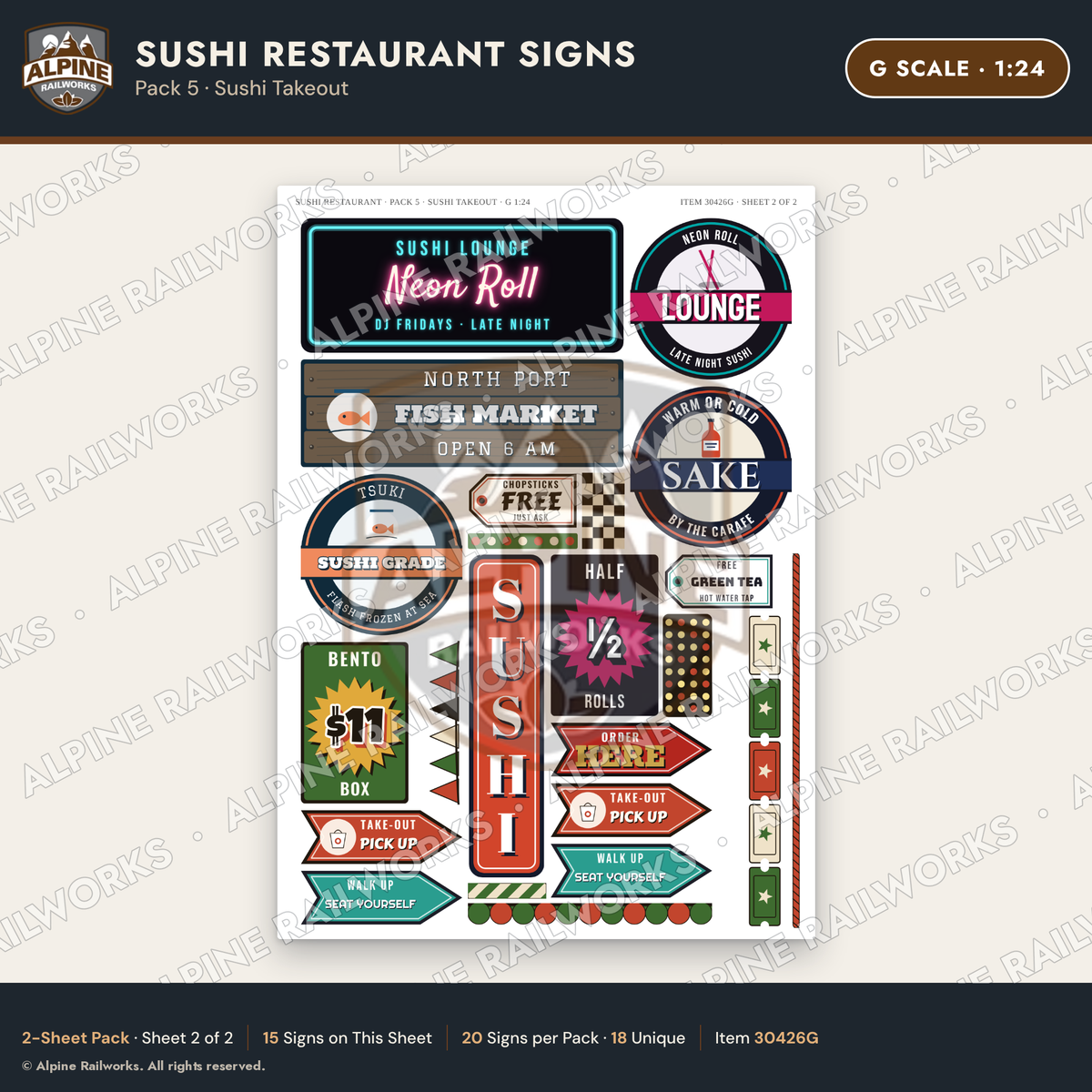 Alpine Railworks 30426G G Scale Sushi Restaurant Signs - Sushi Takeout
