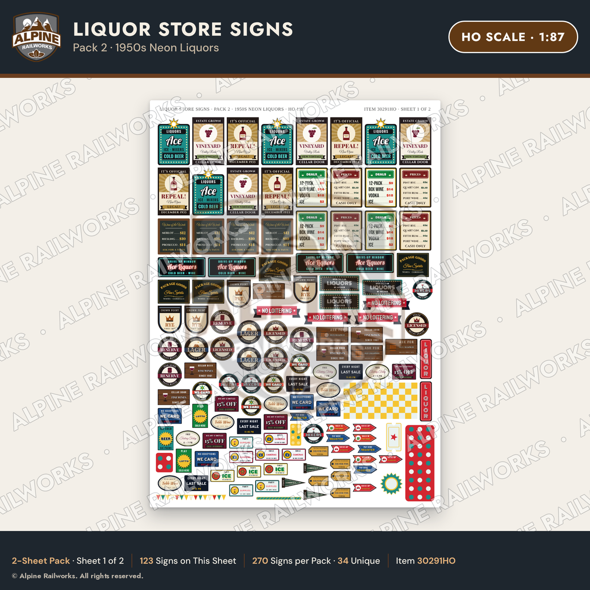 Alpine Railworks 30291HO HO Scale Liquor Store Signs - Neon Liquors