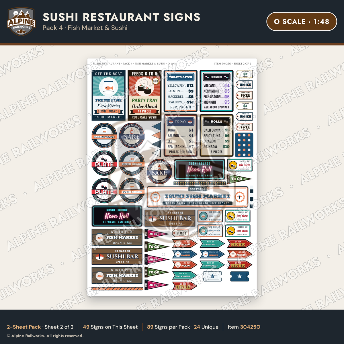 Alpine Railworks 30425O O Scale Sushi Restaurant Signs - Fish Market