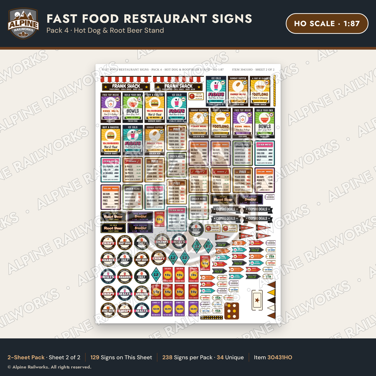 Alpine Railworks 30431HO HO Scale Fast Food Restaurant Signs - Hot Dog