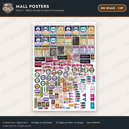Alpine Railworks 30195HO HO Scale Mall Posters - 1980s Arcade