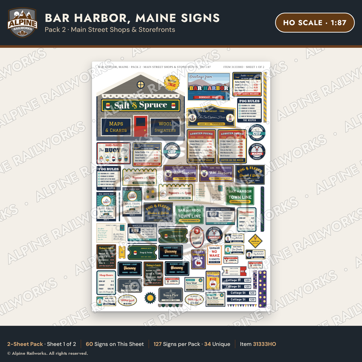 Alpine Railworks 31333HO HO Scale Bar Harbor ME Signs - Shops