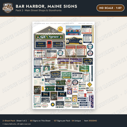 Alpine Railworks 31333HO HO Scale Bar Harbor ME Signs - Shops