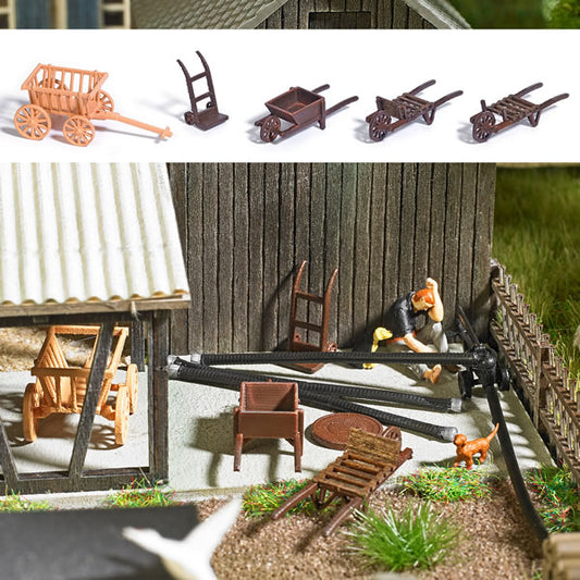 Busch 1630 HO Scale Cart Set -- Wheelbarrow, Dolly, 2 Hand Trucks, Small Cart