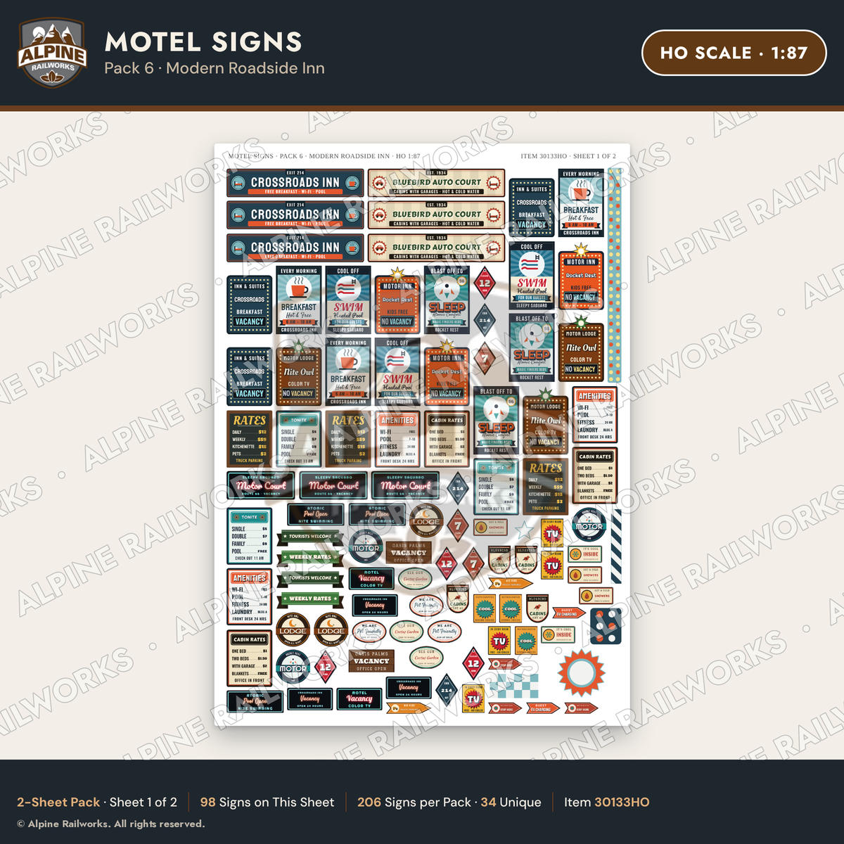 Alpine Railworks 30133HO HO Scale Motel Signs - Modern Roadside Inn