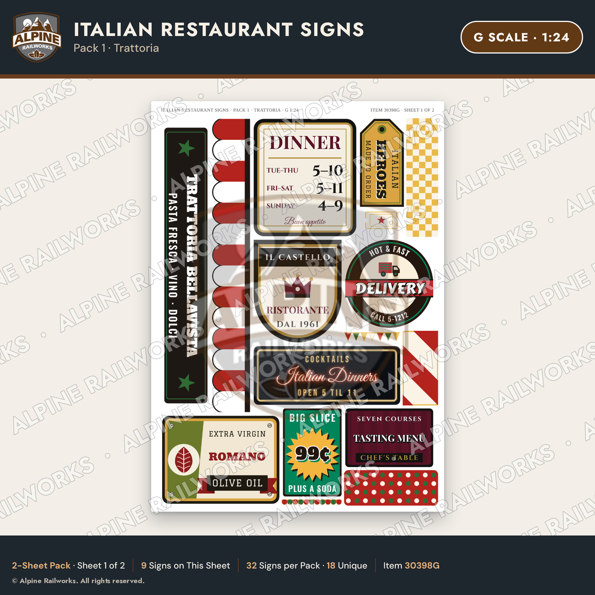 Alpine Railworks 30398G G Scale Italian Restaurant Signs - Trattoria