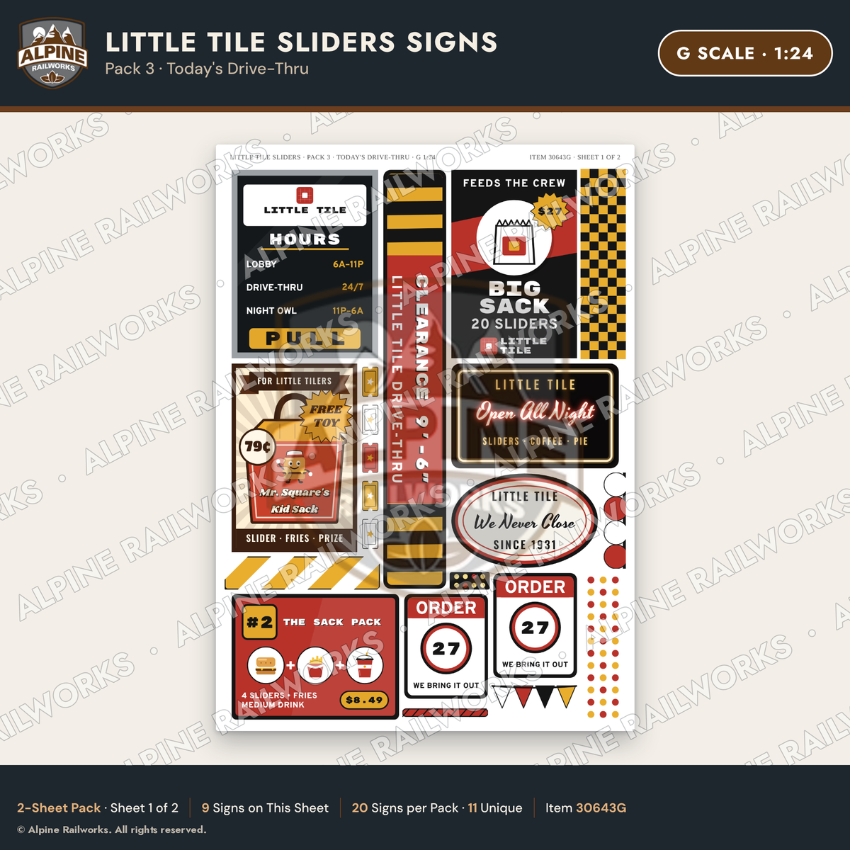 Alpine Railworks 30643G G Scale Fast Food Signs - Slider Burgers
