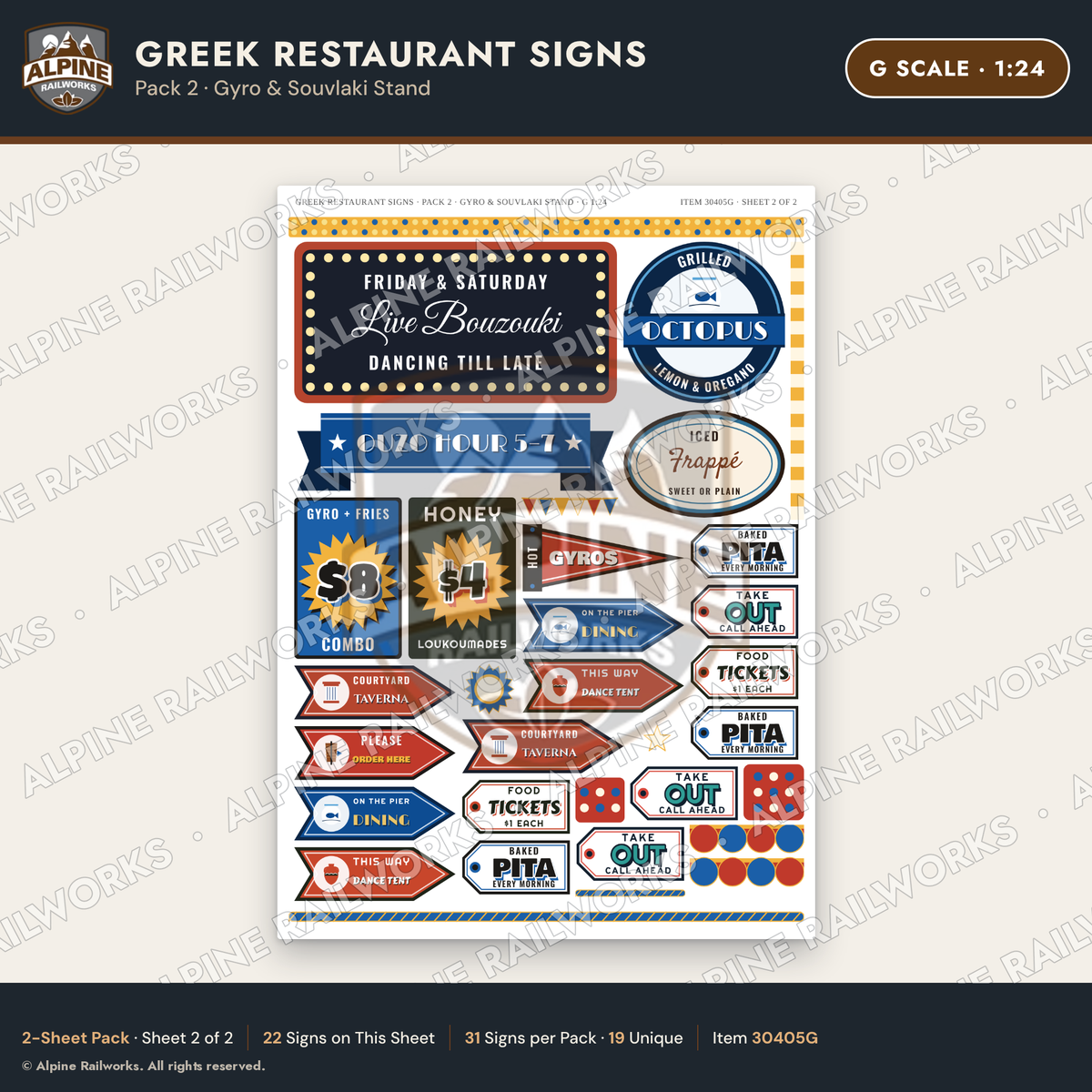 Alpine Railworks 30405G G Scale Greek Restaurant Signs - Gyro