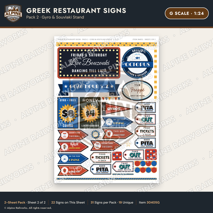 Alpine Railworks 30405G G Scale Greek Restaurant Signs - Gyro
