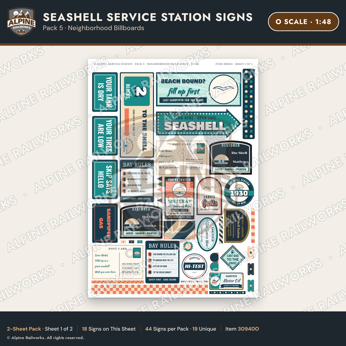 Alpine Railworks 30940O O Scale Roadside Signs - Seashell Gas Station
