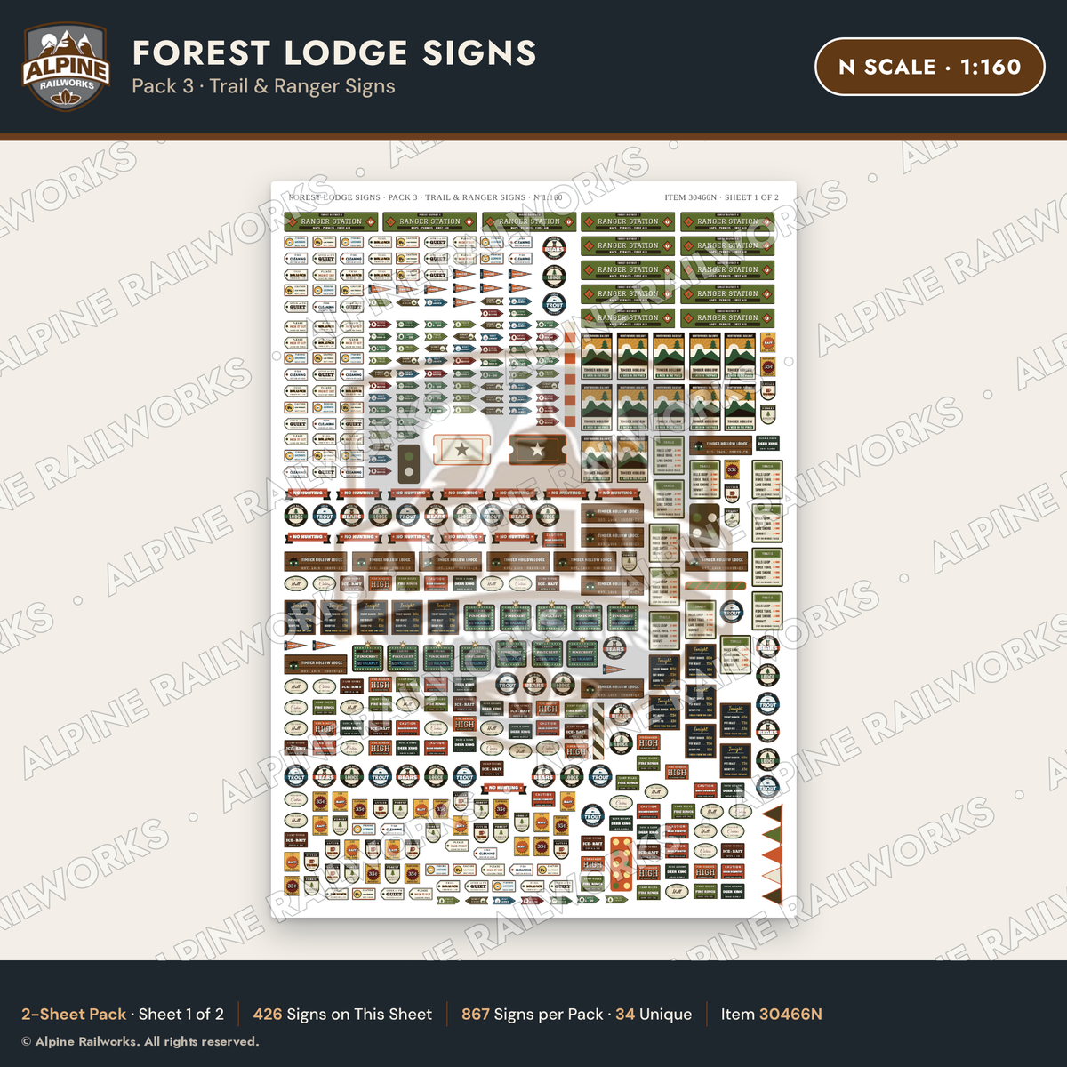 Alpine Railworks 30466N N Scale Forest Lodge Signs - Trail & Ranger