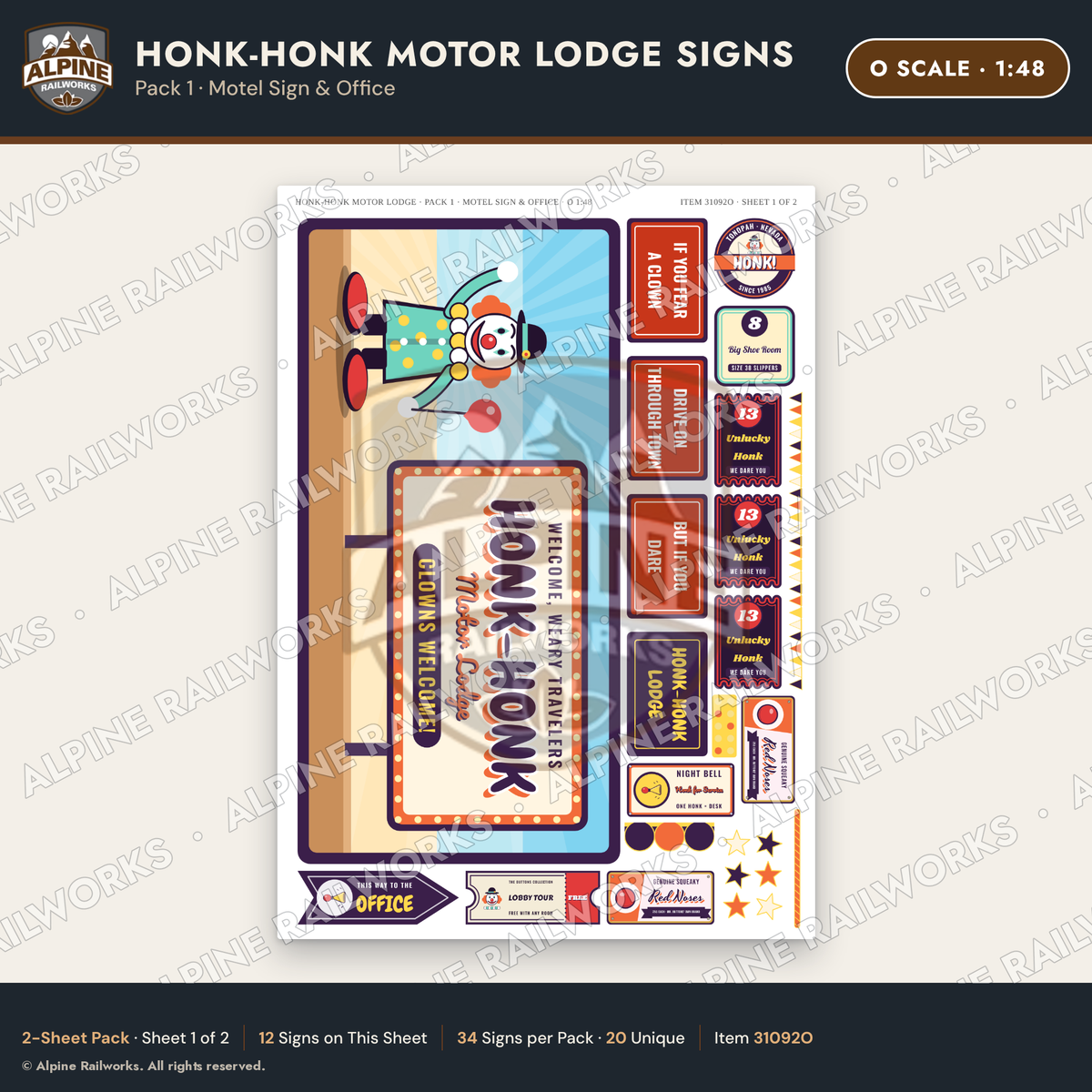 Alpine Railworks 31092O O Scale Roadside Signs - Clown Motel