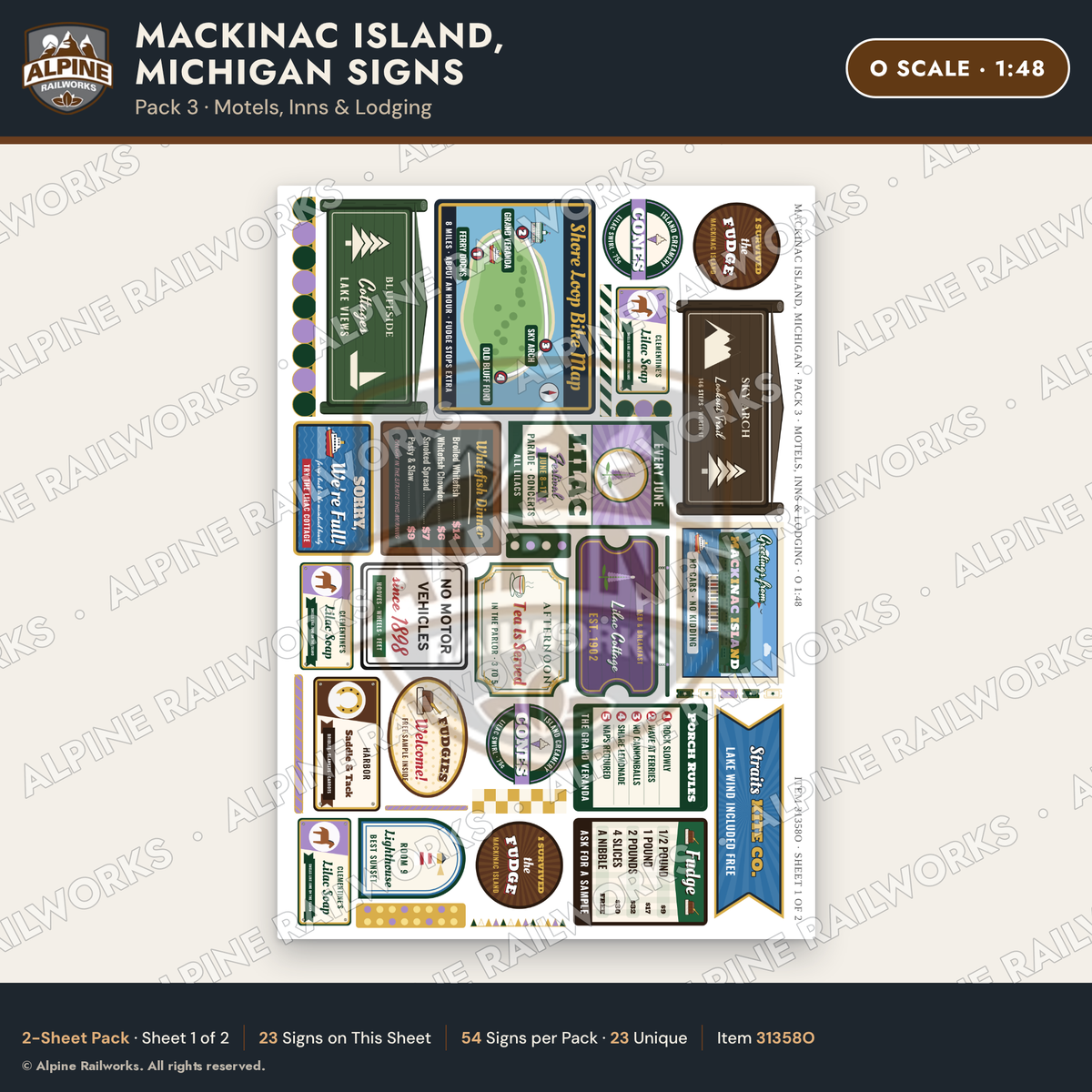 Alpine Railworks 31358O O Scale Mackinac Island Signs - Motels & Inns