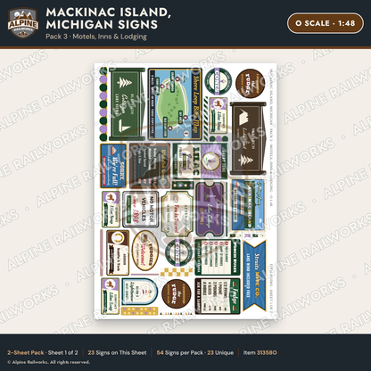 Alpine Railworks 31358O O Scale Mackinac Island Signs - Motels & Inns