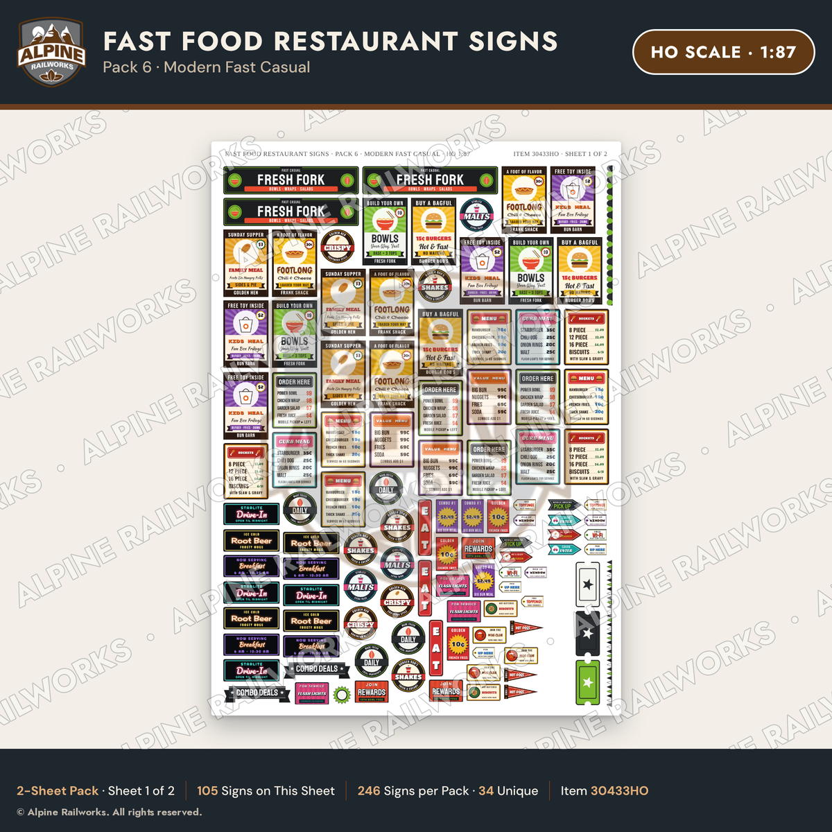 Alpine Railworks 30433HO HO Scale Fast Food Restaurant Signs