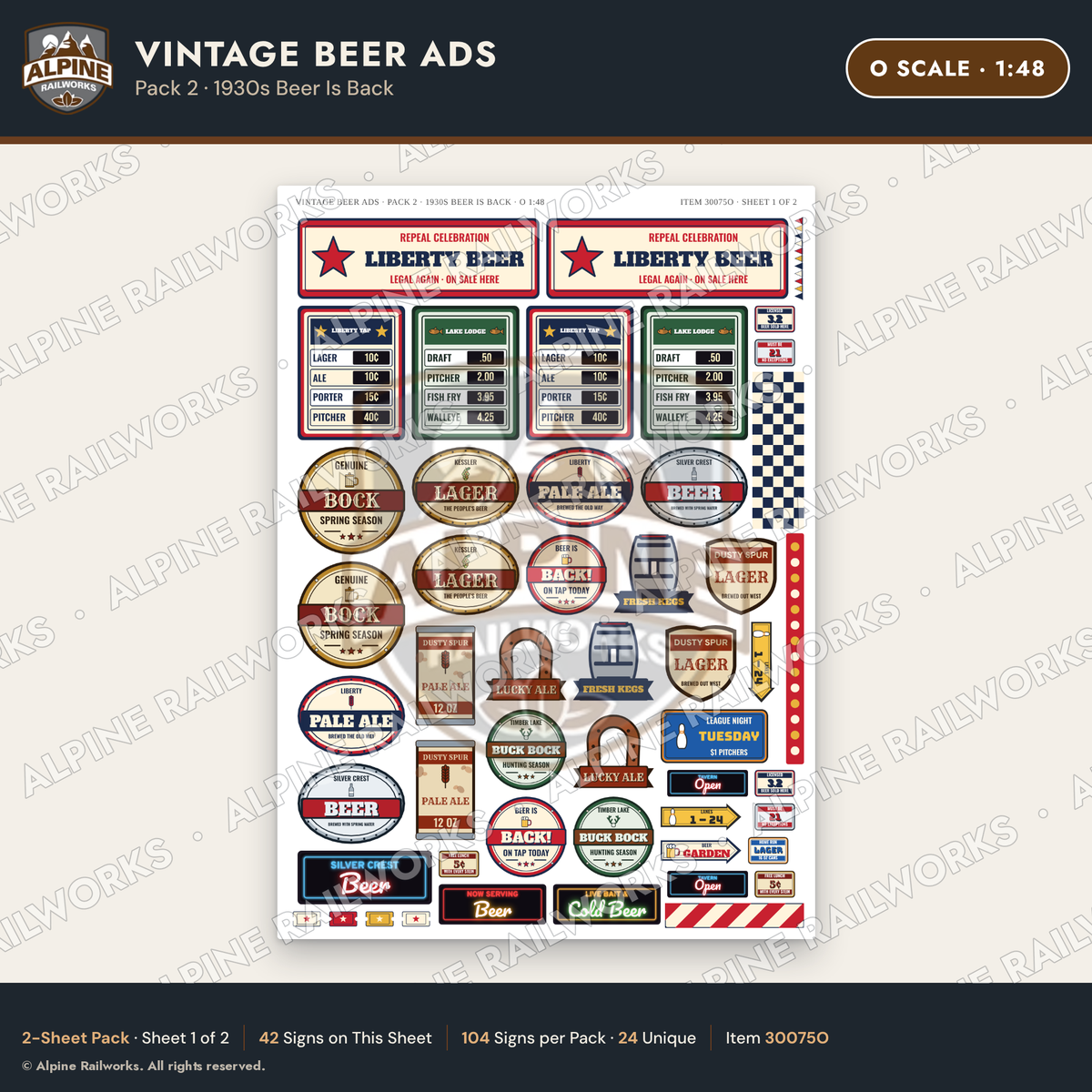 Alpine Railworks 30075O O Scale Vintage Beer Ads - 1930s Beer Is Back