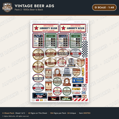 Alpine Railworks 30075O O Scale Vintage Beer Ads - 1930s Beer Is Back