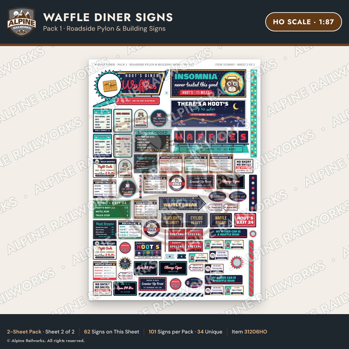 Alpine Railworks 31206HO HO Scale Waffle Diner Signs - Roadside Pylon