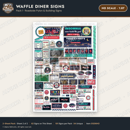 Alpine Railworks 31206HO HO Scale Waffle Diner Signs - Roadside Pylon