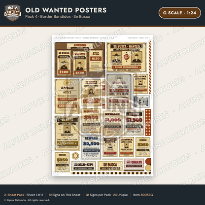 Alpine Railworks 30053G G Scale Old Wanted Posters - Border Bandidos