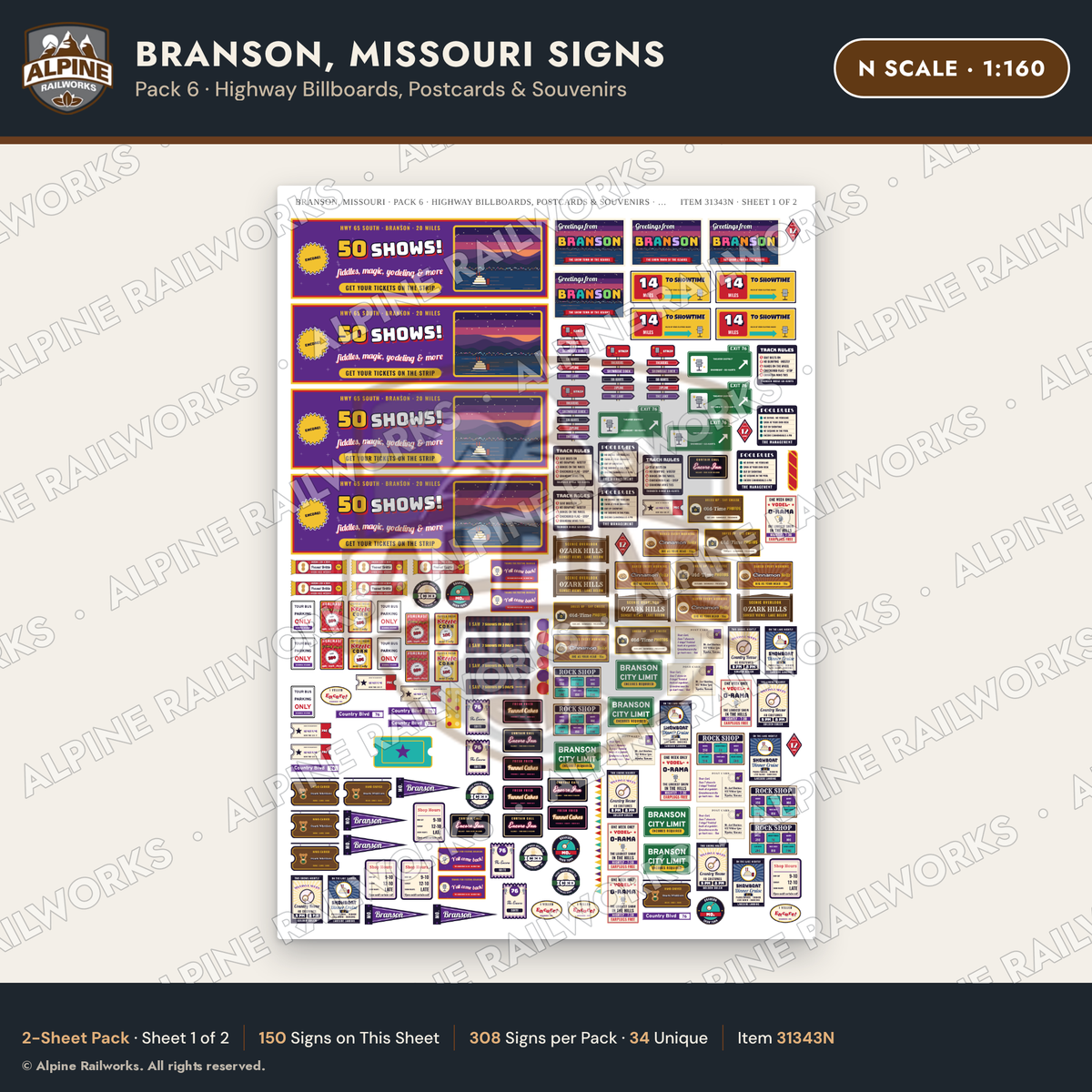 Alpine Railworks 31343N N Scale Branson MO Signs - Billboards