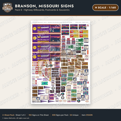 Alpine Railworks 31343N N Scale Branson MO Signs - Billboards