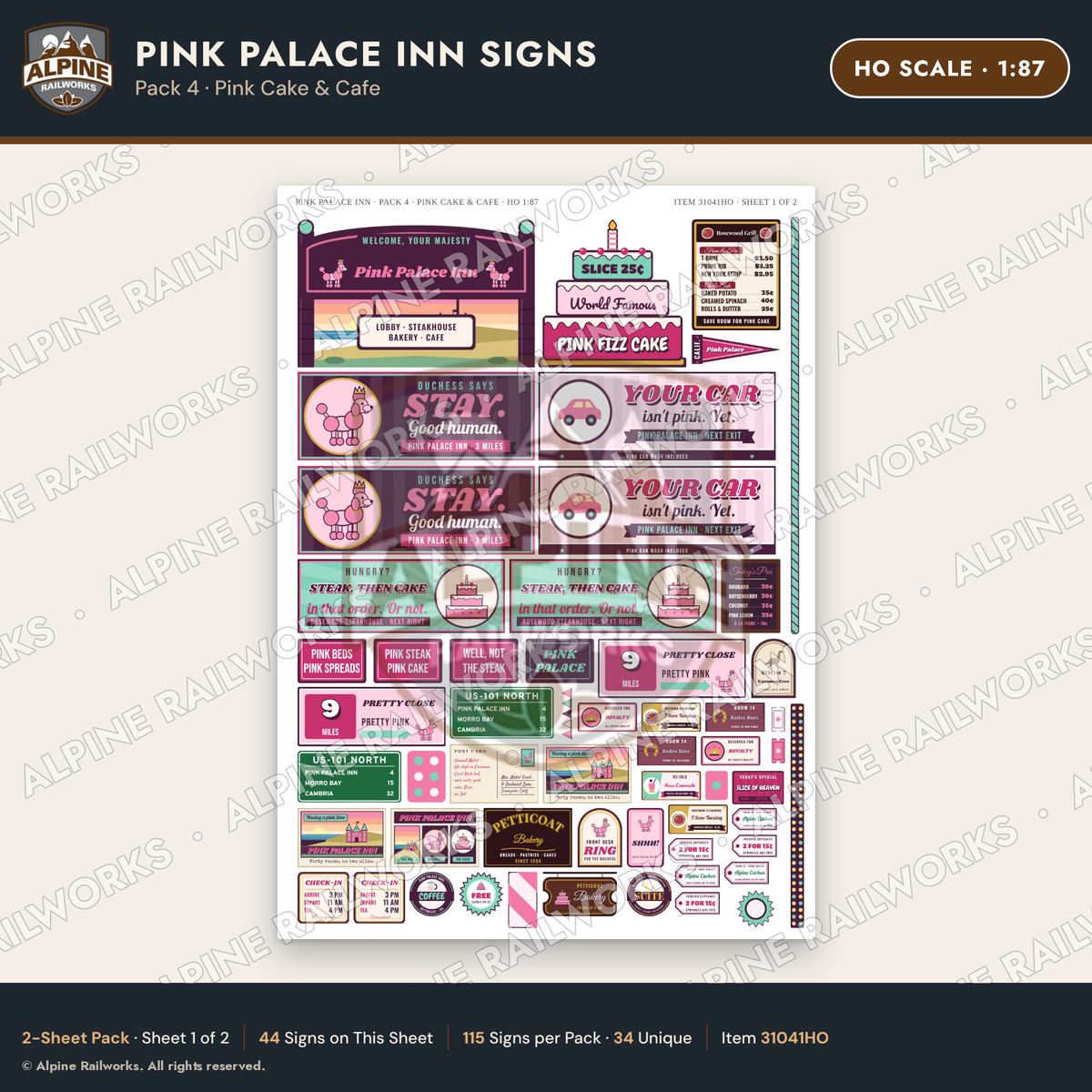 Alpine Railworks 31041HO HO Scale Roadside Signs - Pink Themed Motel