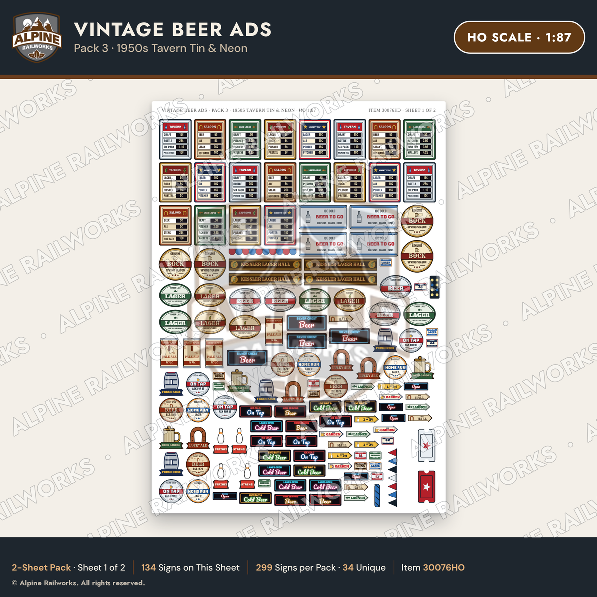 Alpine Railworks 30076HO HO Scale Vintage Beer Ads - 1950s Tavern Tin