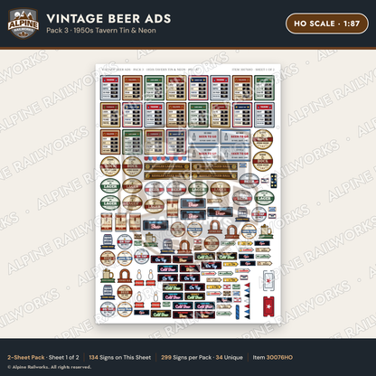 Alpine Railworks 30076HO HO Scale Vintage Beer Ads - 1950s Tavern Tin
