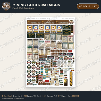 Alpine Railworks 30260HO HO Scale Mining Gold Rush Signs - Boomtown