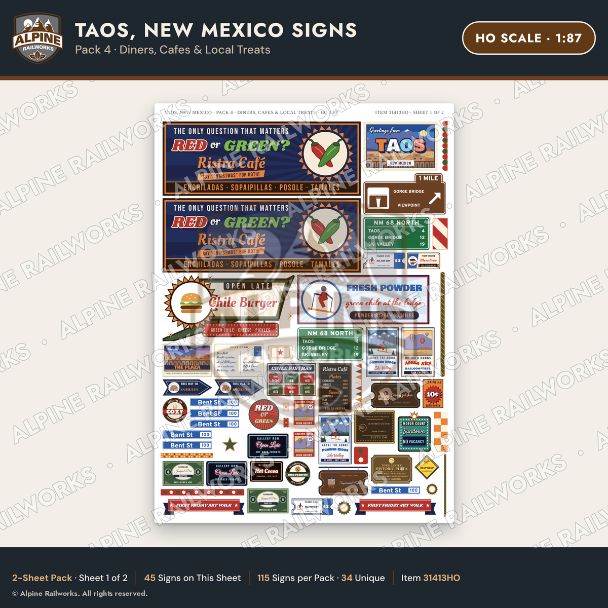 Alpine Railworks 31413HO HO Scale Taos NM Signs - Diners & Cafes