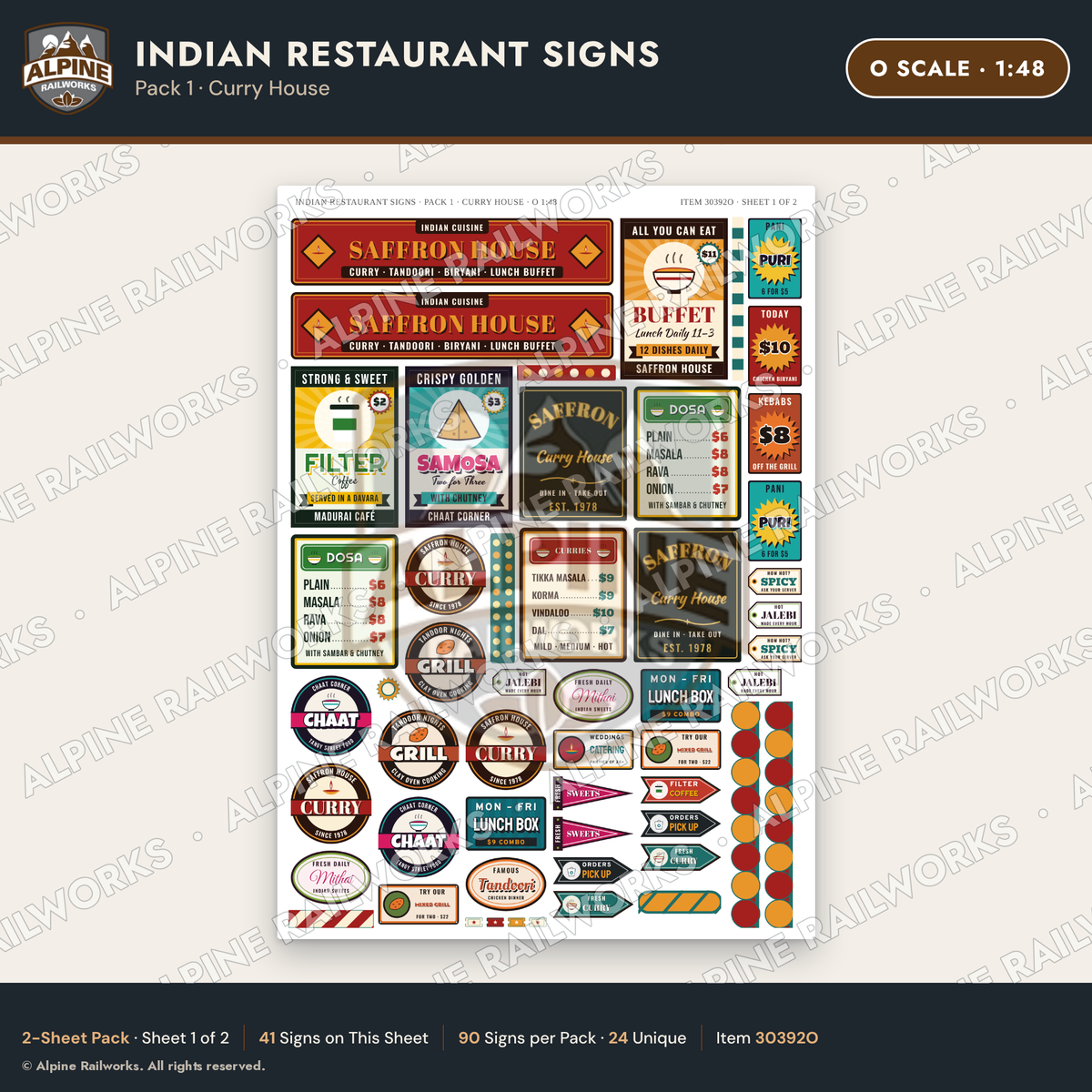 Alpine Railworks 30392O O Scale Indian Restaurant Signs - Curry House