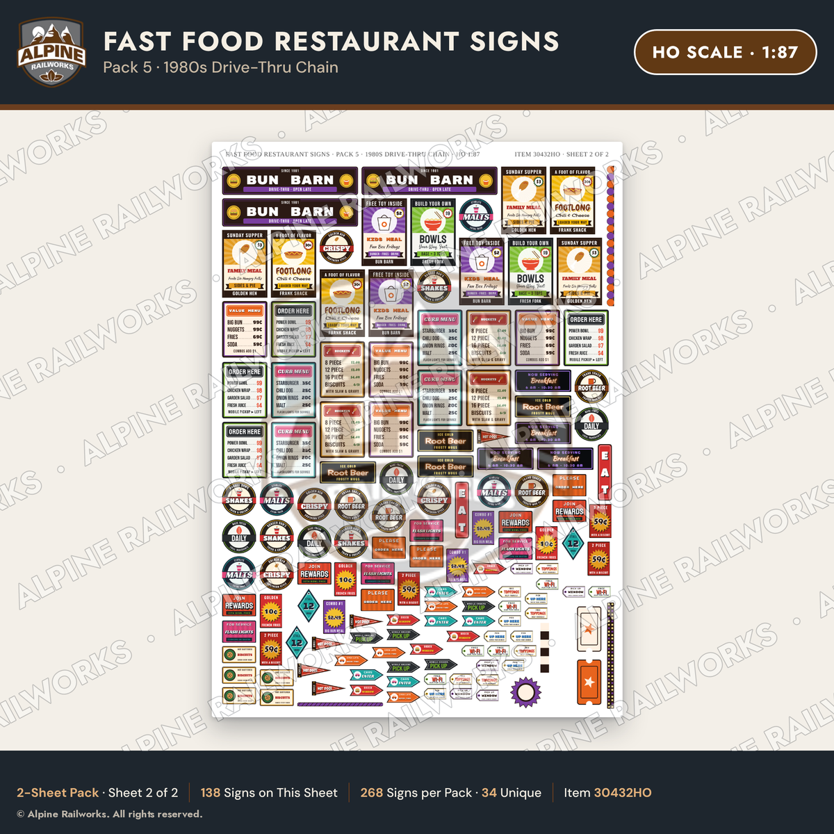 Alpine Railworks 30432HO HO Scale Fast Food Restaurant Signs