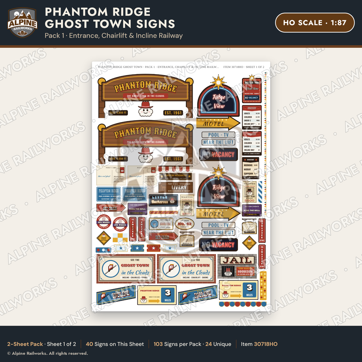 Alpine Railworks 30718HO HO Scale Roadside Signs - Mountain Ghost Town
