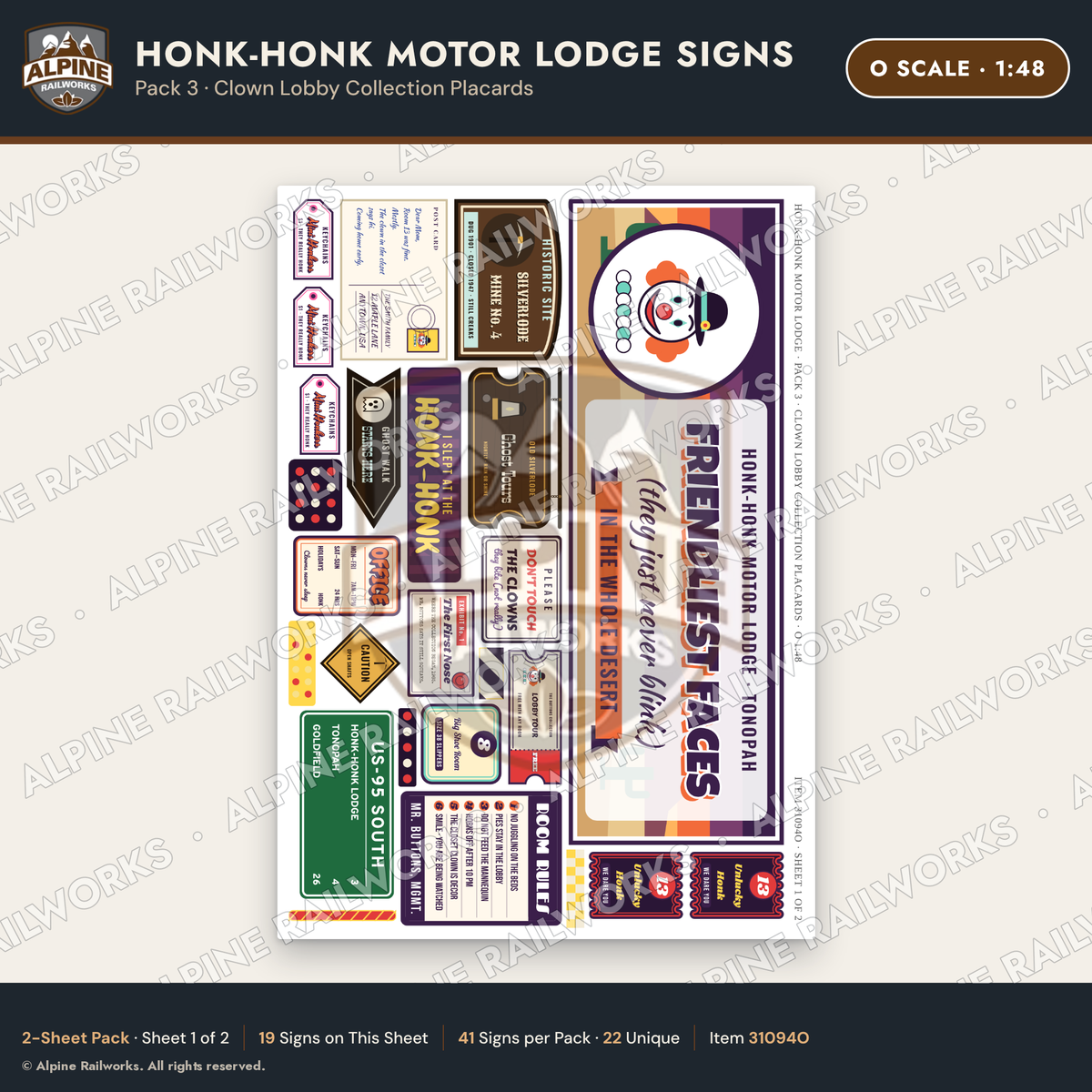 Alpine Railworks 31094O O Scale Roadside Signs - Clown Motel