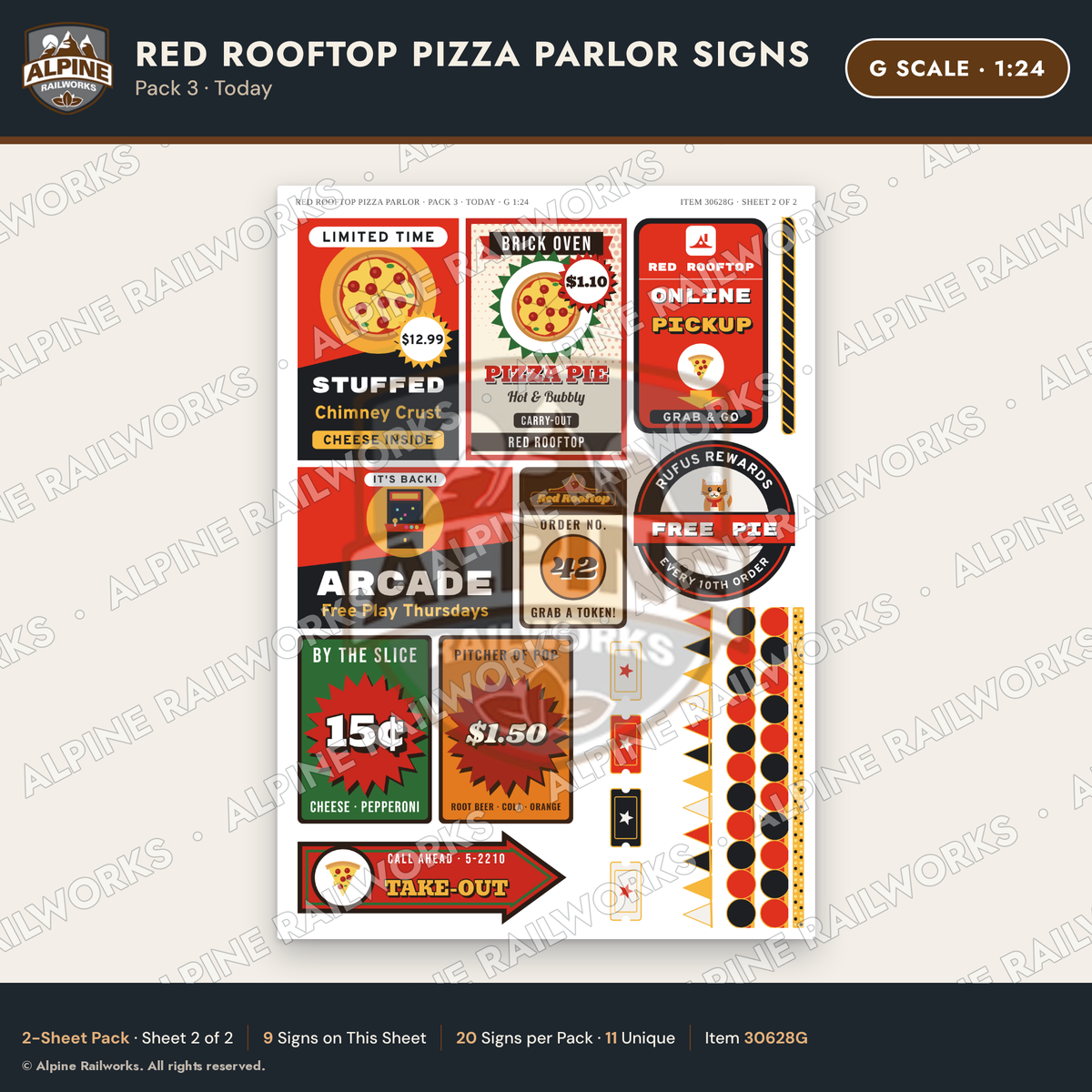 Alpine Railworks 30628G G Scale Restaurant Signs - Pizza Parlor