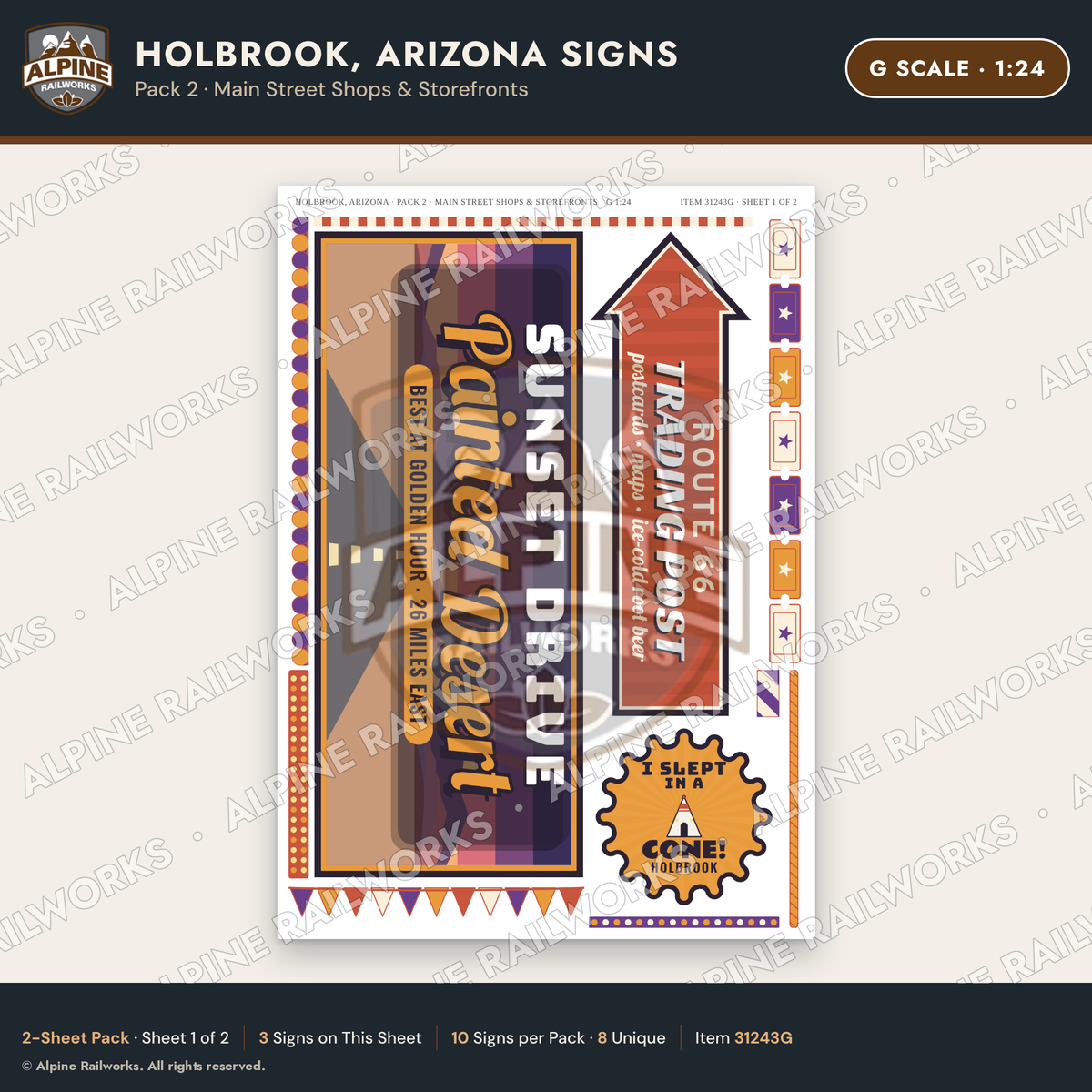 Alpine Railworks 31243G G Scale Holbrook AZ Signs - Main Street Shops