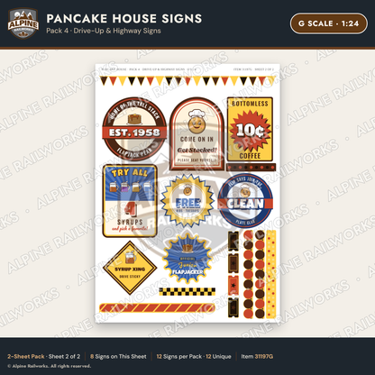 Alpine Railworks 31197G G Scale Pancake House Signs - Highway Signs