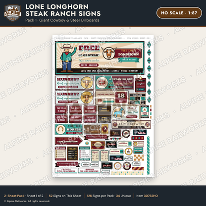 Alpine Railworks 30762HO HO Scale Roadside Signs - Big Steakhouse