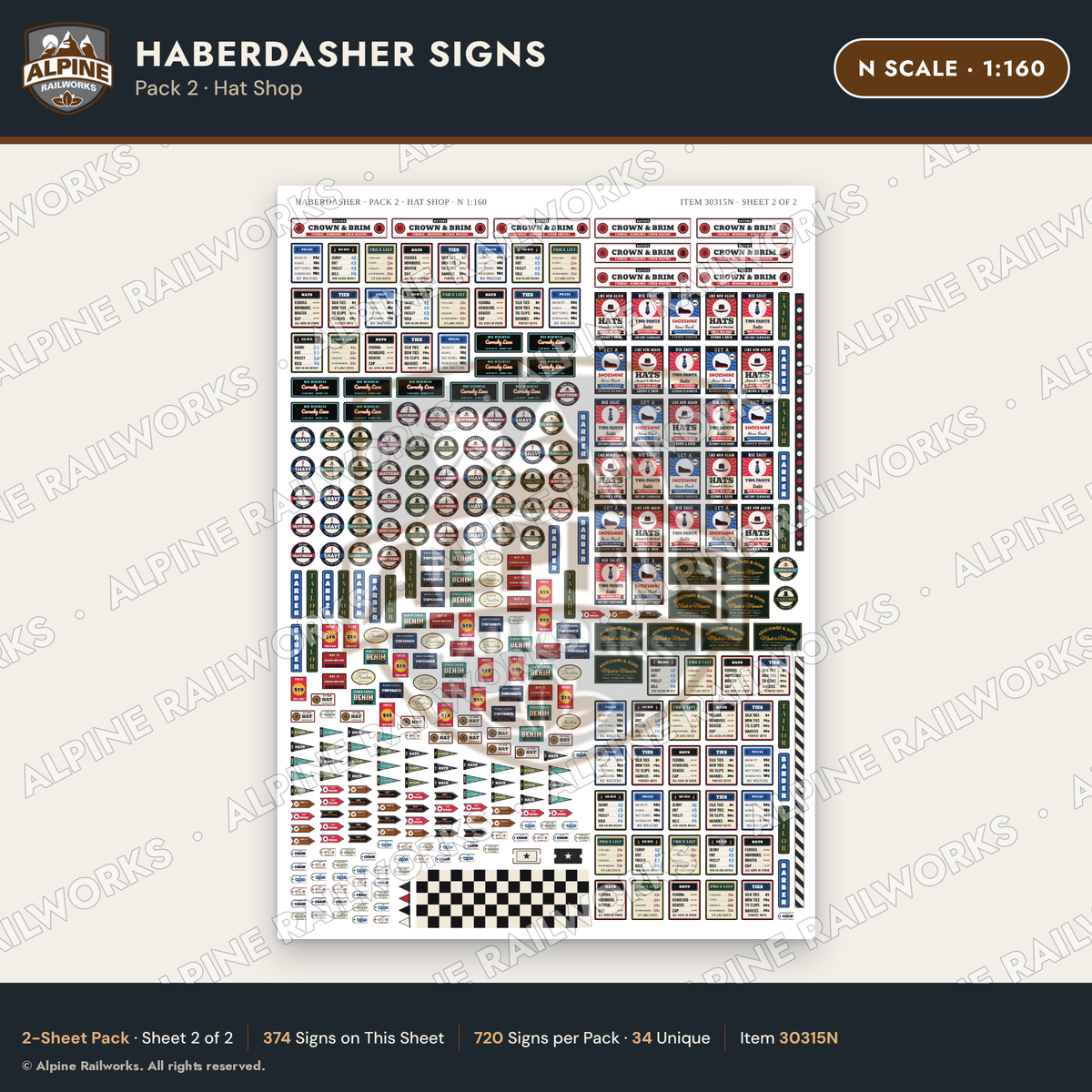 Alpine Railworks 30315N N Scale Haberdasher Signs - Hat Shop