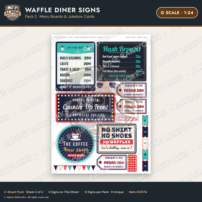 Alpine Railworks 31207G G Scale Waffle Diner Signs - Menu Boards