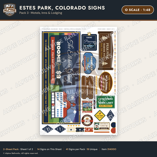 Alpine Railworks 31400O O Scale Estes Park CO Signs - Motels & Inns