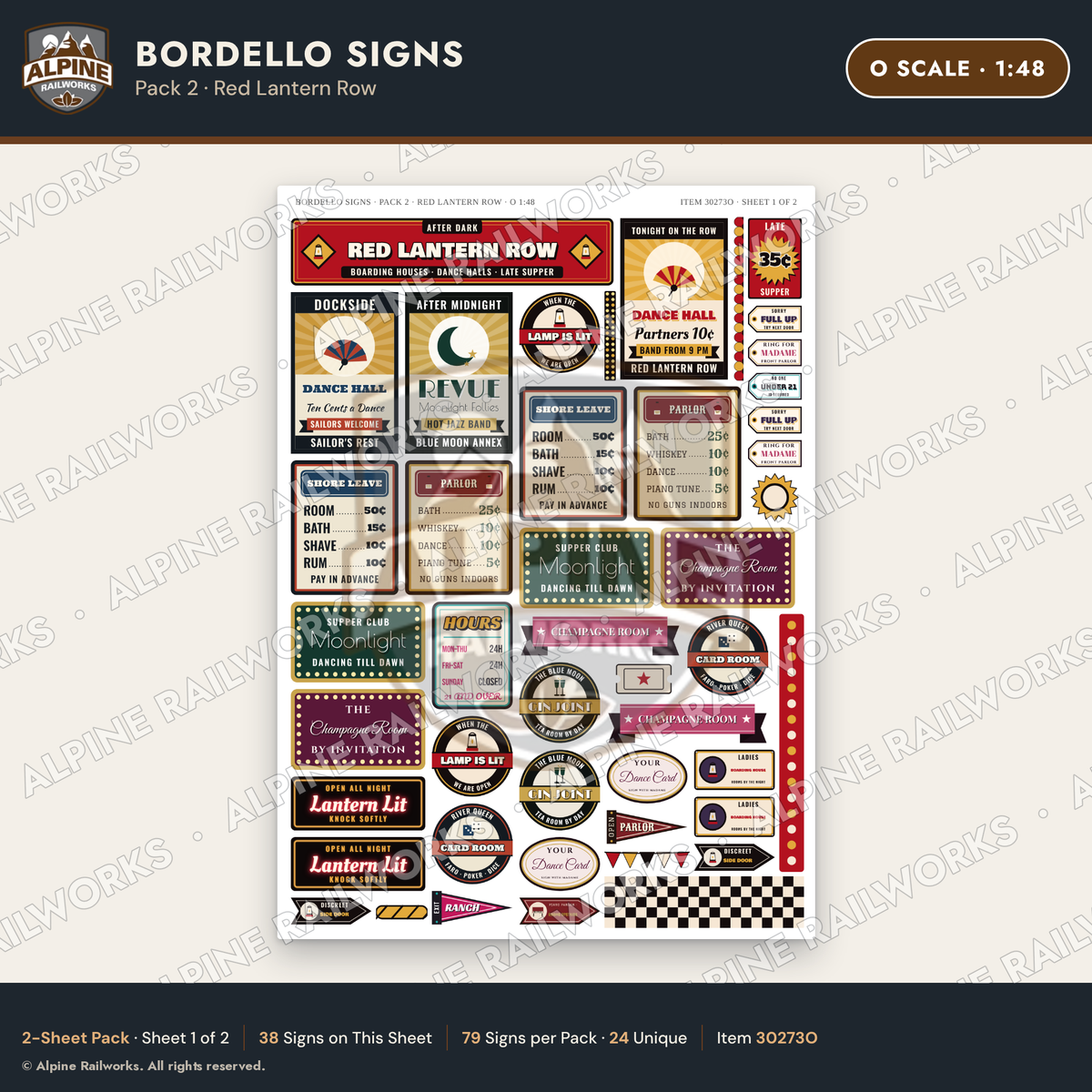 Alpine Railworks 30273O O Scale Bordello Signs - Red Lantern Row
