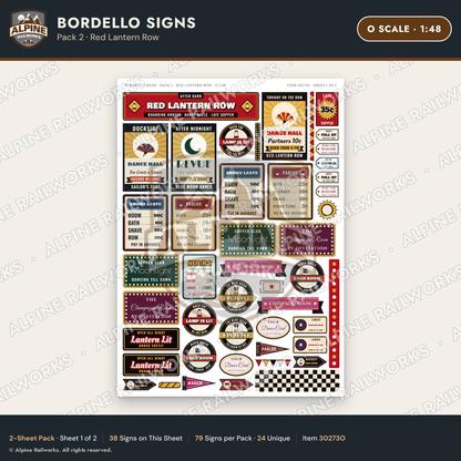 Alpine Railworks 30273O O Scale Bordello Signs - Red Lantern Row