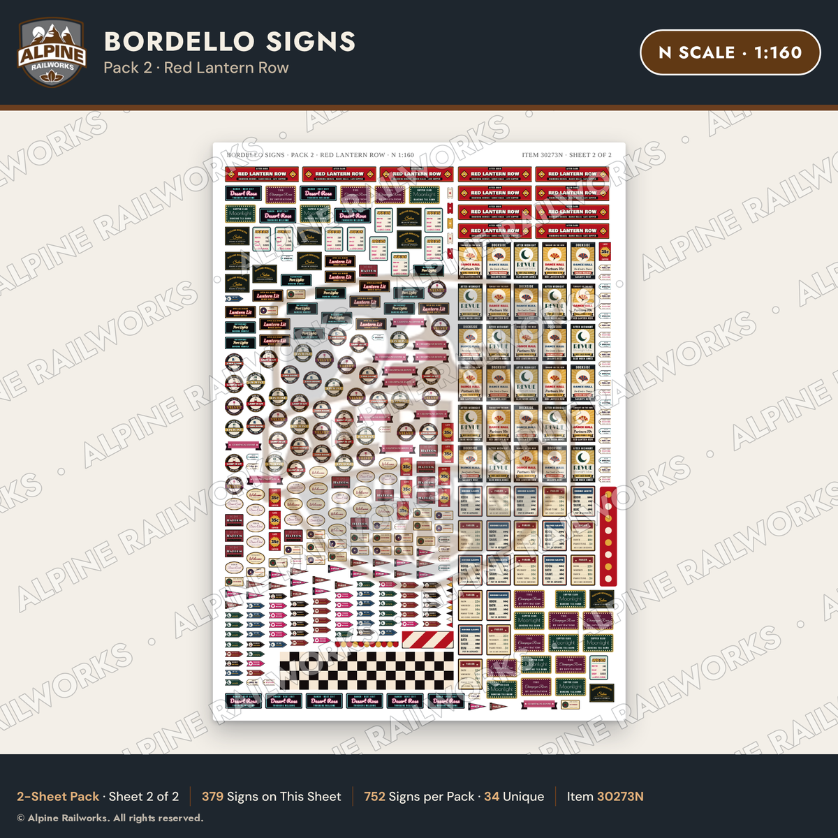 Alpine Railworks 30273N N Scale Bordello Signs - Red Lantern Row