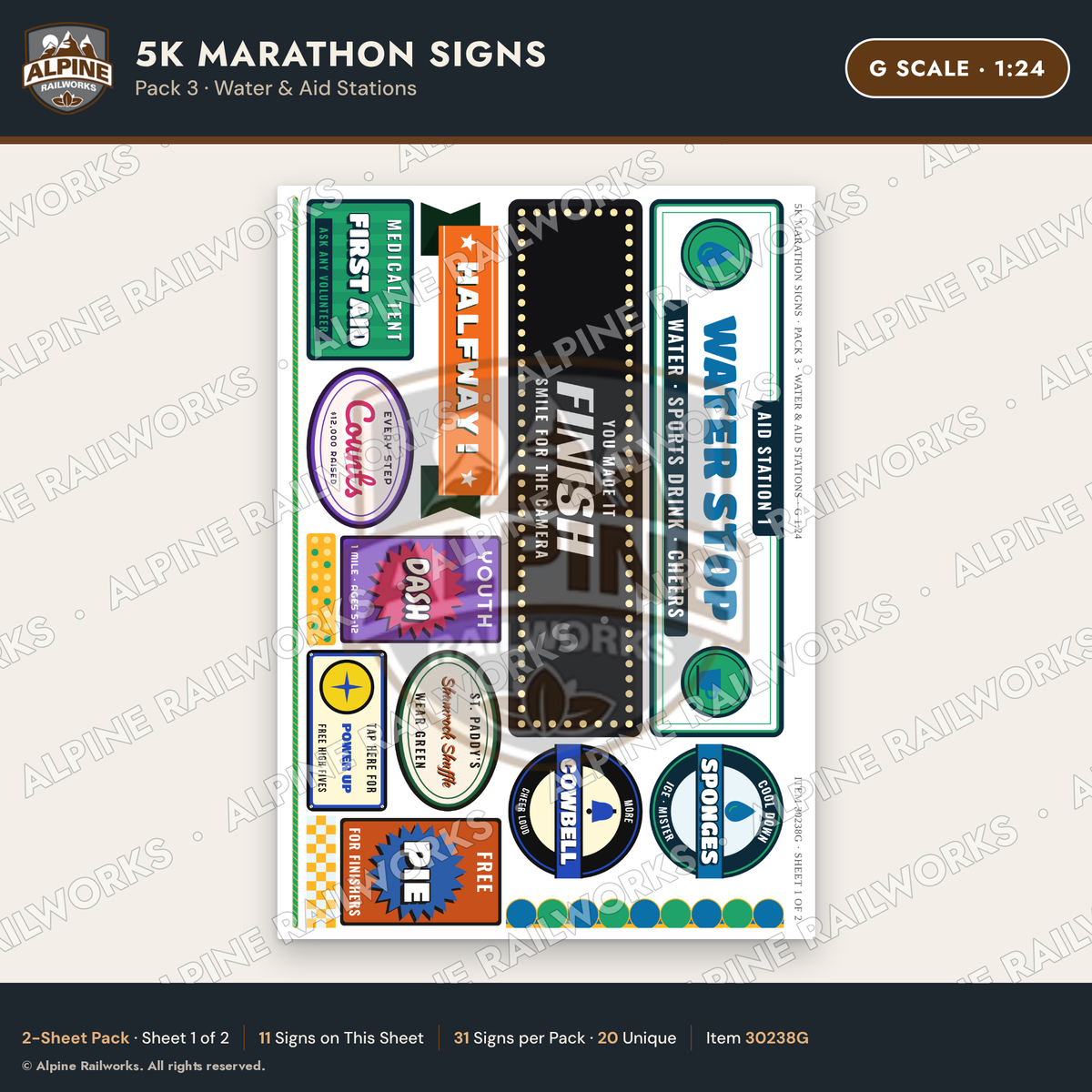 Alpine Railworks 30238G G Scale 5K Marathon Signs - Water