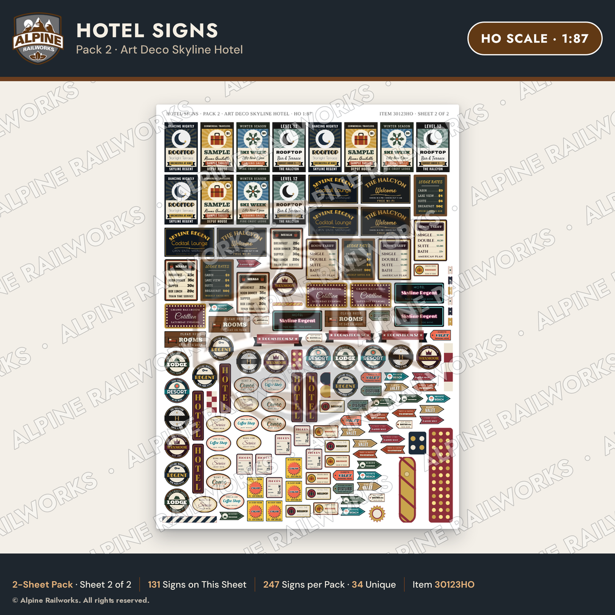 Alpine Railworks 30123HO HO Scale Hotel Signs - Art Deco Skyline Hotel