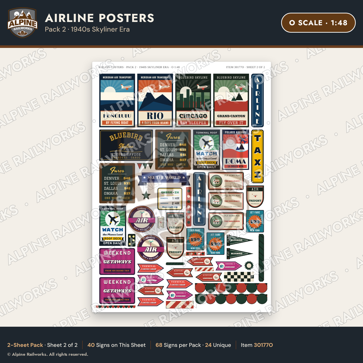 Alpine Railworks 30177O O Scale Airline Posters - 1940s Skyliner Era