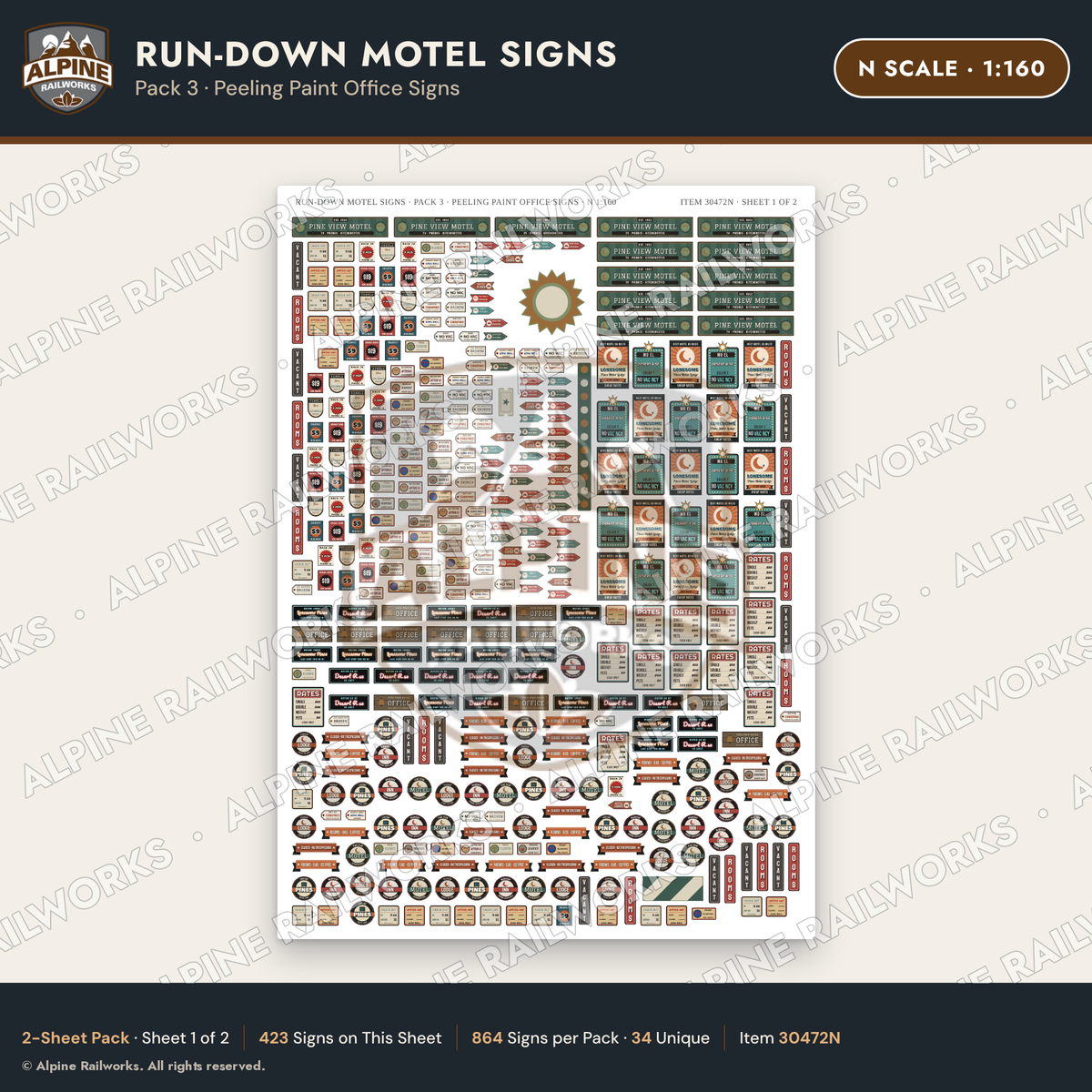 Alpine Railworks 30472N N Scale Run-Down Motel Signs